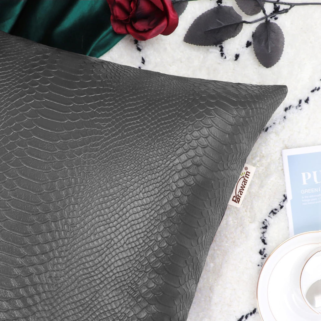 Charcoal Gray Leather Throw Pillows 18 X 18 Inches - Snake Leather Pillow Covers Pack of 2, Faux Leather Decorative Pillow Covers for Couch Living Room Garden Bed Sofa Home