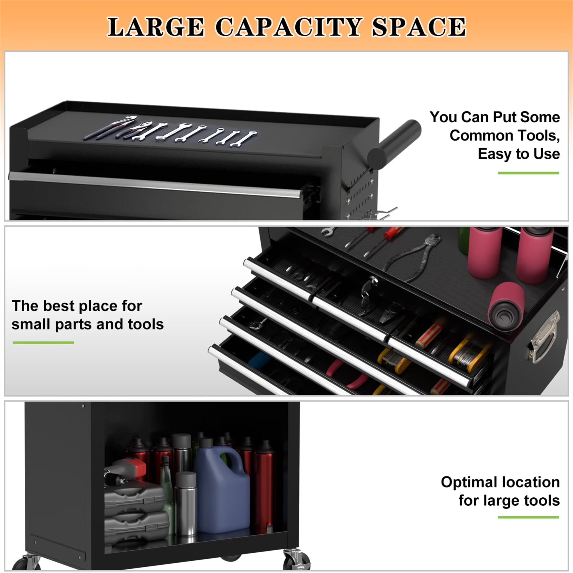 Tool Box, 2 in 1 Steel Rolling Tool Chest & Cabinet on Wheels for Garage, 8-Drawer, Black