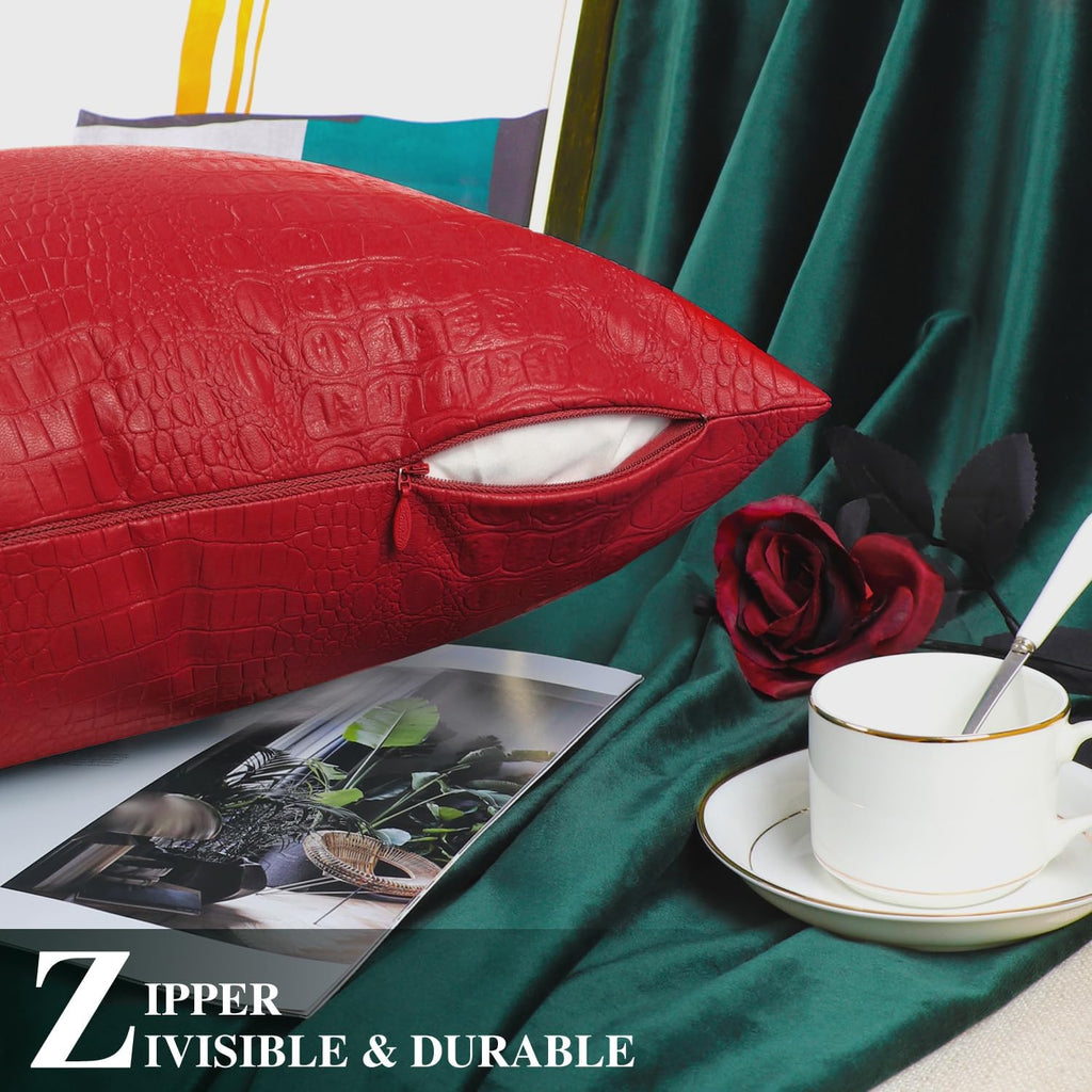 Faux Leather Pillow Covers 16 X 16 Inches, Christmas Red Leather Pillow Covers Pack of 2, Crocodile Leather Decorative Throw Pillows for Living Room Couch Bed Sofa Home