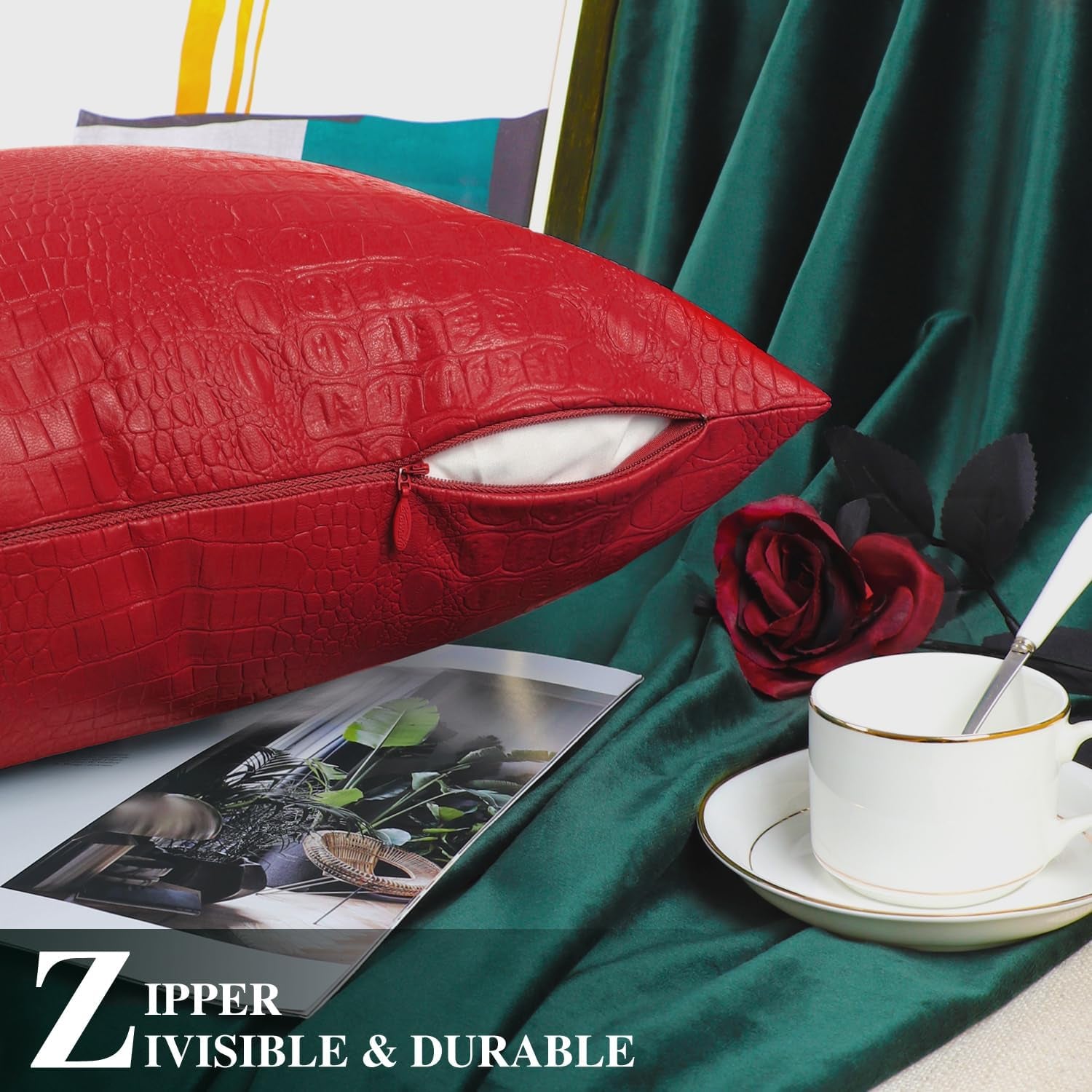 Faux Leather Pillow Covers 12 X 20 Inches, Christmas Red Leather Pillow Covers Pack of 2, Crocodile Leather Decorative Lumbar Throw Pillows for Living Room Couch Bed Sofa Home