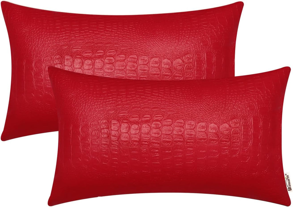 Faux Leather Pillow Covers 12 X 20 Inches, Christmas Red Leather Pillow Covers Pack of 2, Crocodile Leather Decorative Lumbar Throw Pillows for Living Room Couch Bed Sofa Home