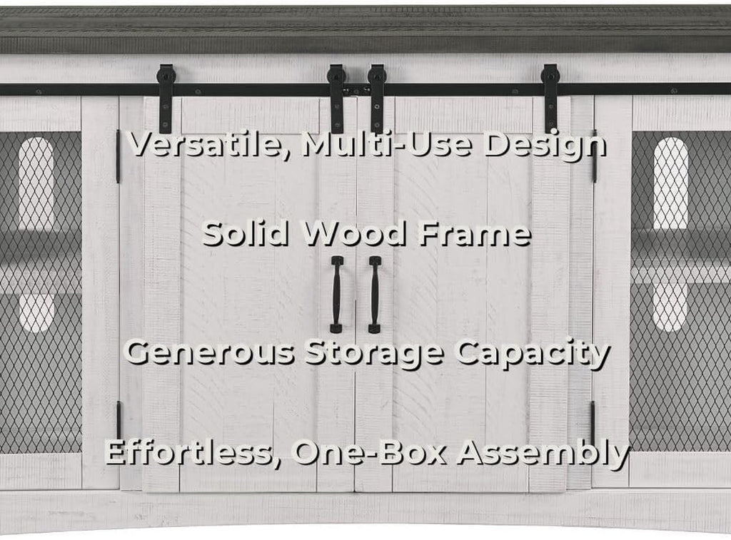 Martin Svensson Home 65" Solid Pine Wood Entertainment Center with Storage. Rustic TV Stand for Tvs up to 70." Sliding Doors, Adjustable Shelves & Cable Management – White and Grey Finish