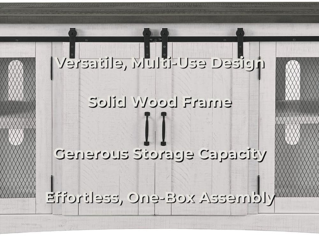 Martin Svensson Home 65" Solid Pine Wood Entertainment Center with Storage. Rustic TV Stand for Tvs up to 70." Sliding Doors, Adjustable Shelves & Cable Management – White and Grey Finish