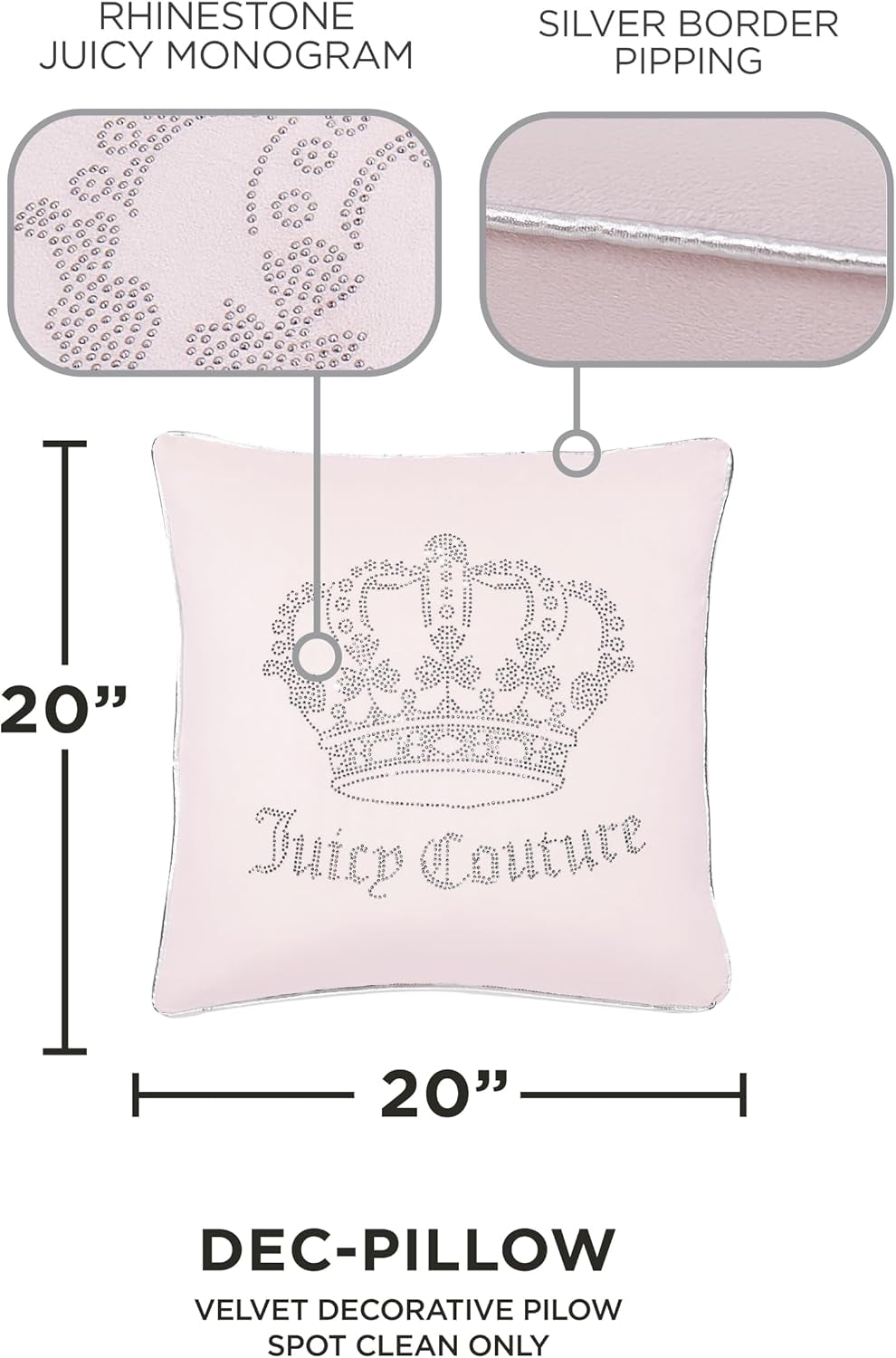 Juicy Couture - Decorative Accent Pillow, Velvet Rhinestone Crown, Premium Reversible Throw Pillow, Living Room and Bedroom Décor, Measures 20" X 20", Pink Blush