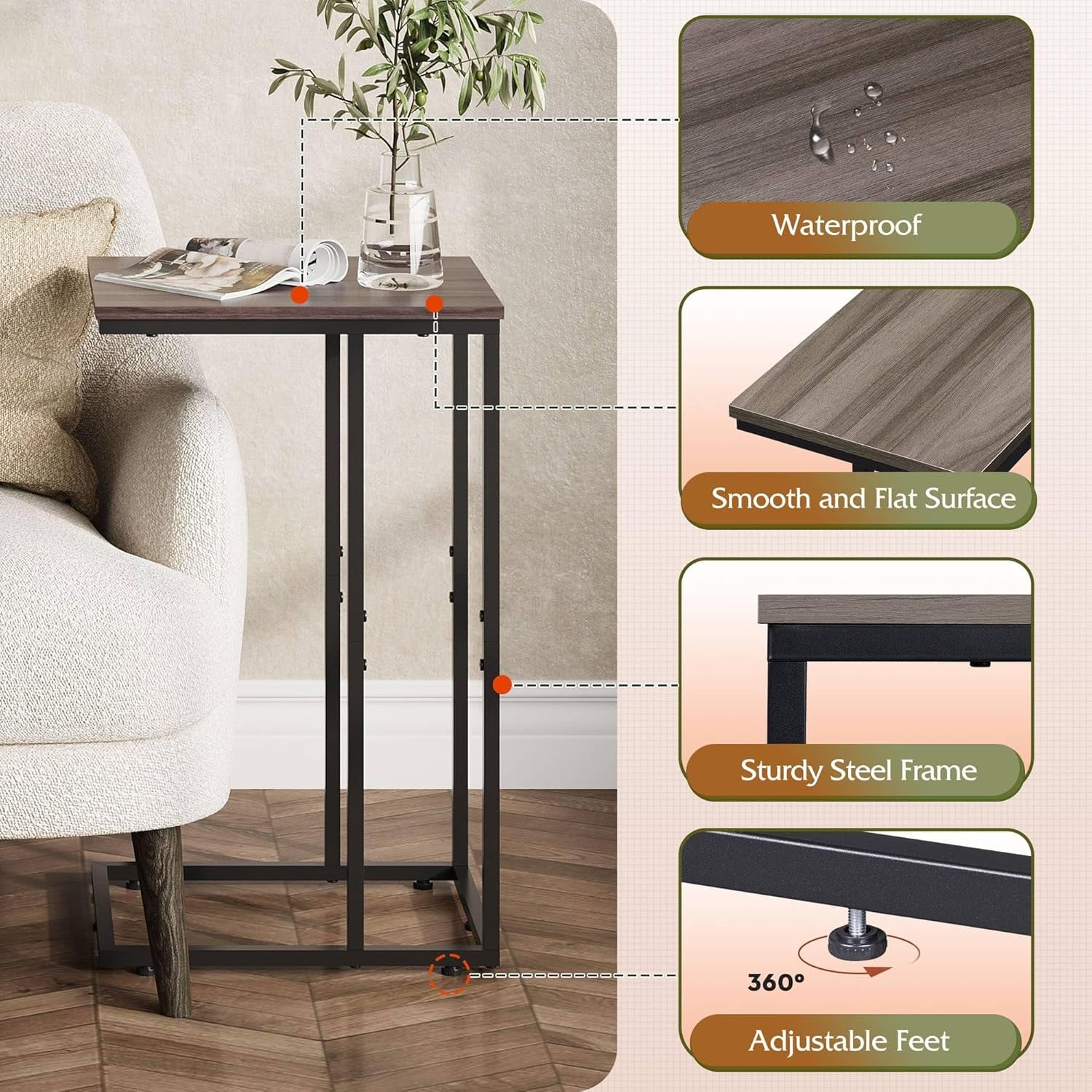Small Side Table, C Shaped End Table for Couch, Sofa and Bed, Tv Tray Table That Slides under for Living Room, Bedroom, Bedside, Gray and Black