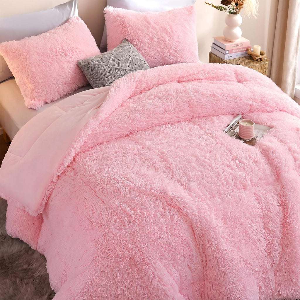 Fluffy Queen Comforter Set, Faux Fur Pink Comforter Set Queen Size, Luxury Fuzzy Bedding Set, Soft Shaggy Bed Set Pink for All Season, 3 Pieces - 1 Comforter & 2 Pillowcases