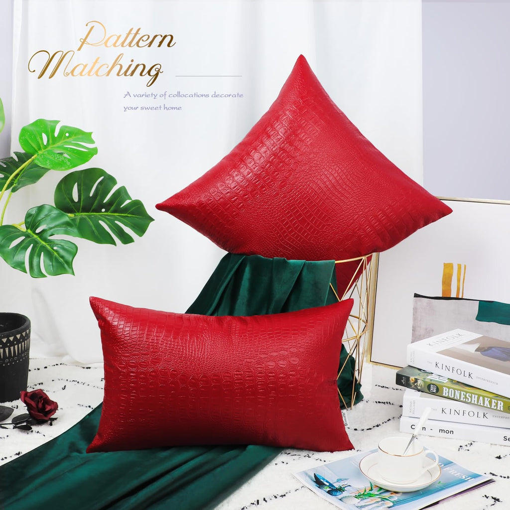 Faux Leather Pillow Covers 12 X 20 Inches, Christmas Red Leather Pillow Covers Pack of 2, Crocodile Leather Decorative Lumbar Throw Pillows for Living Room Couch Bed Sofa Home