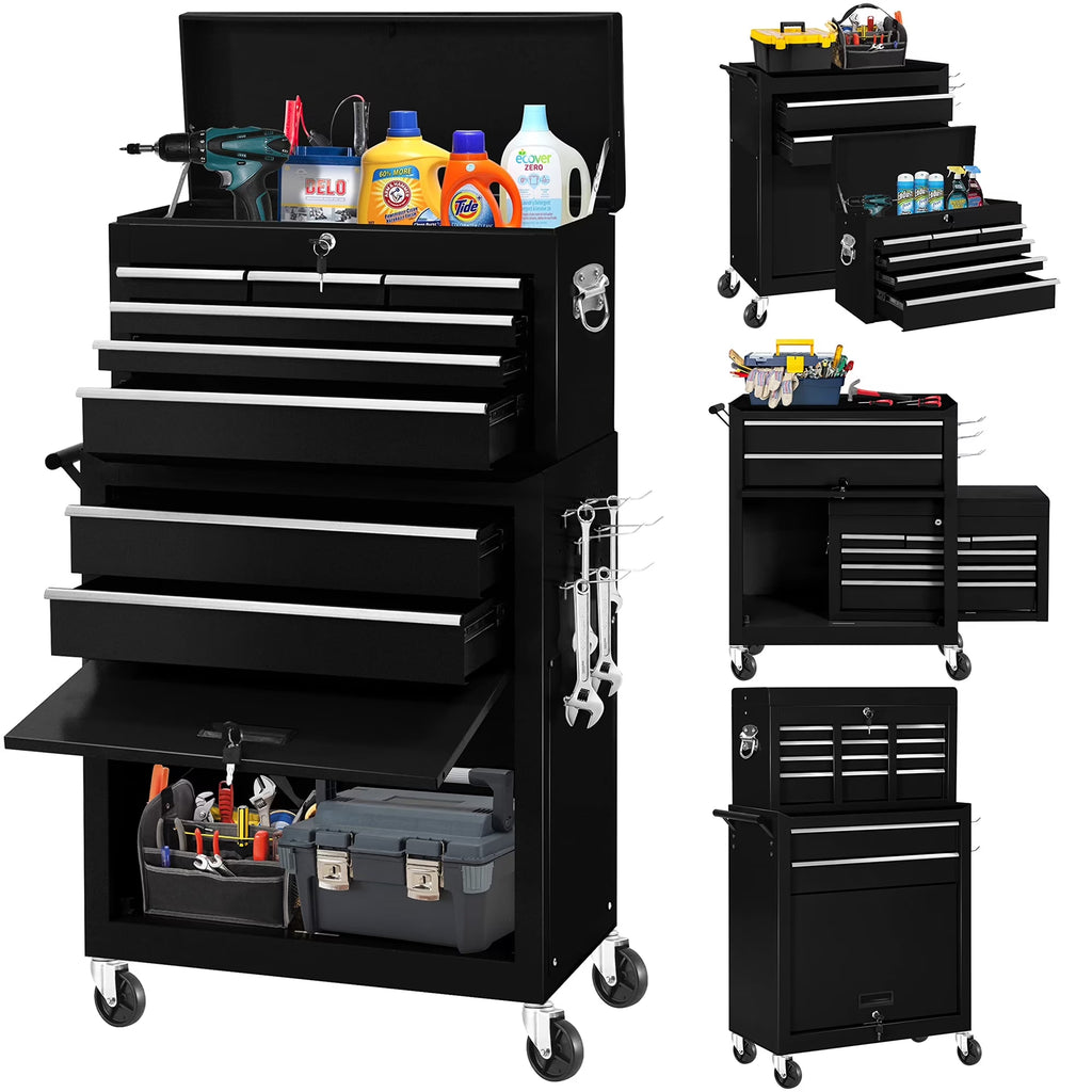 Tool Box, 2 in 1 Steel Rolling Tool Chest & Cabinet on Wheels for Garage, 8-Drawer, Black