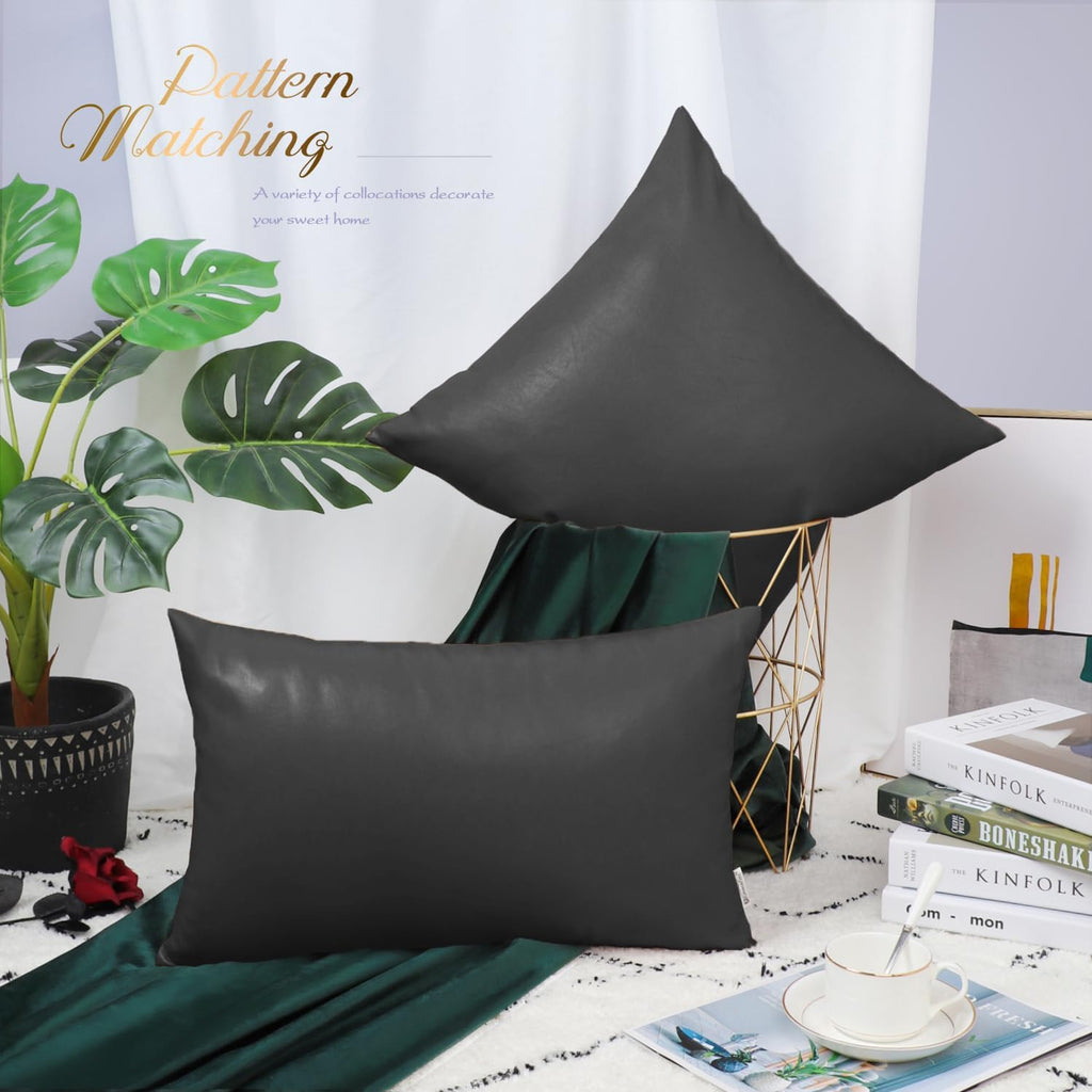Faux Leather Throw Pillow Covers 22 X 22 Inches - Charcoal Gray Leather Pilow Covers Pack of 2, Solid Dyed Leather Pillowcases for Couch Bed Sofa Garden Home Decorative