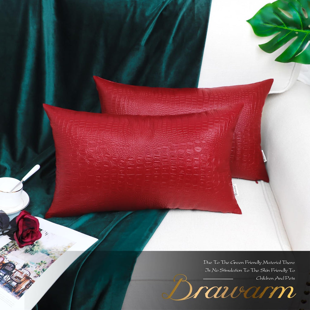 Faux Leather Pillow Covers 12 X 20 Inches, Christmas Red Leather Pillow Covers Pack of 2, Crocodile Leather Decorative Lumbar Throw Pillows for Living Room Couch Bed Sofa Home
