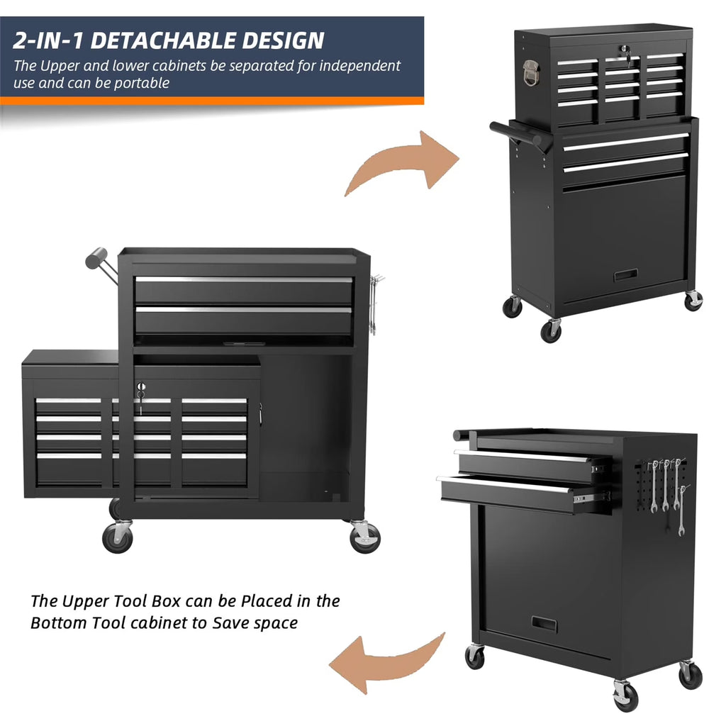 Tool Box, 2 in 1 Steel Rolling Tool Chest & Cabinet on Wheels for Garage, 8-Drawer, Black