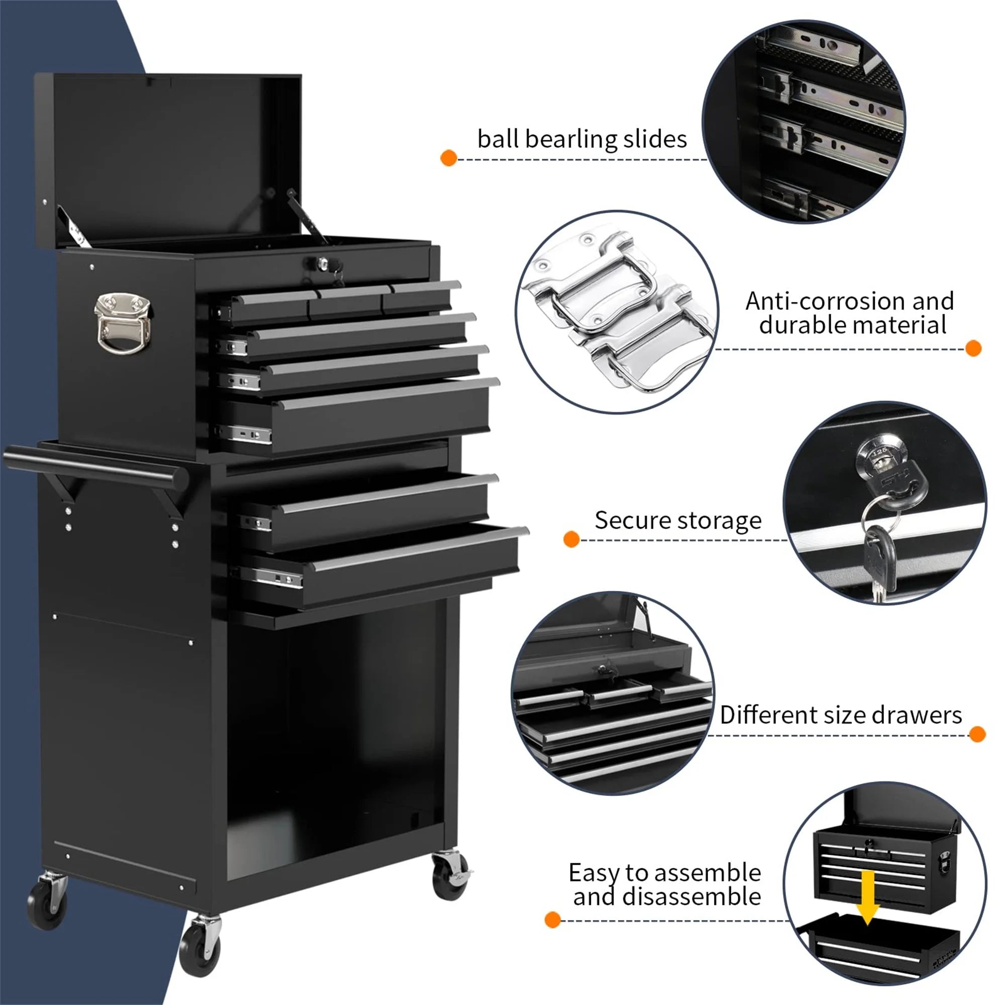Tool Box, 2 in 1 Steel Rolling Tool Chest & Cabinet on Wheels for Garage, 8-Drawer, Black