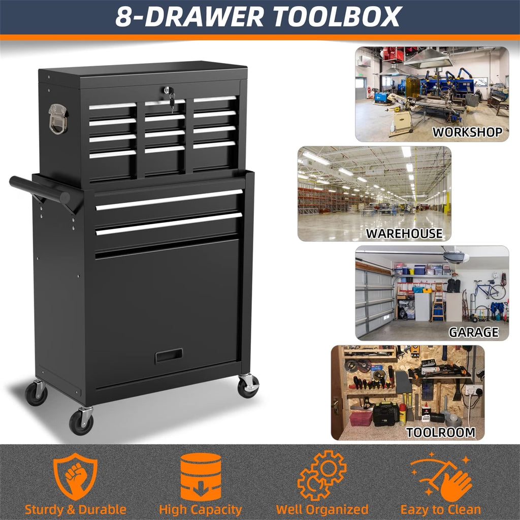 Tool Box, 2 in 1 Steel Rolling Tool Chest & Cabinet on Wheels for Garage, 8-Drawer, Black