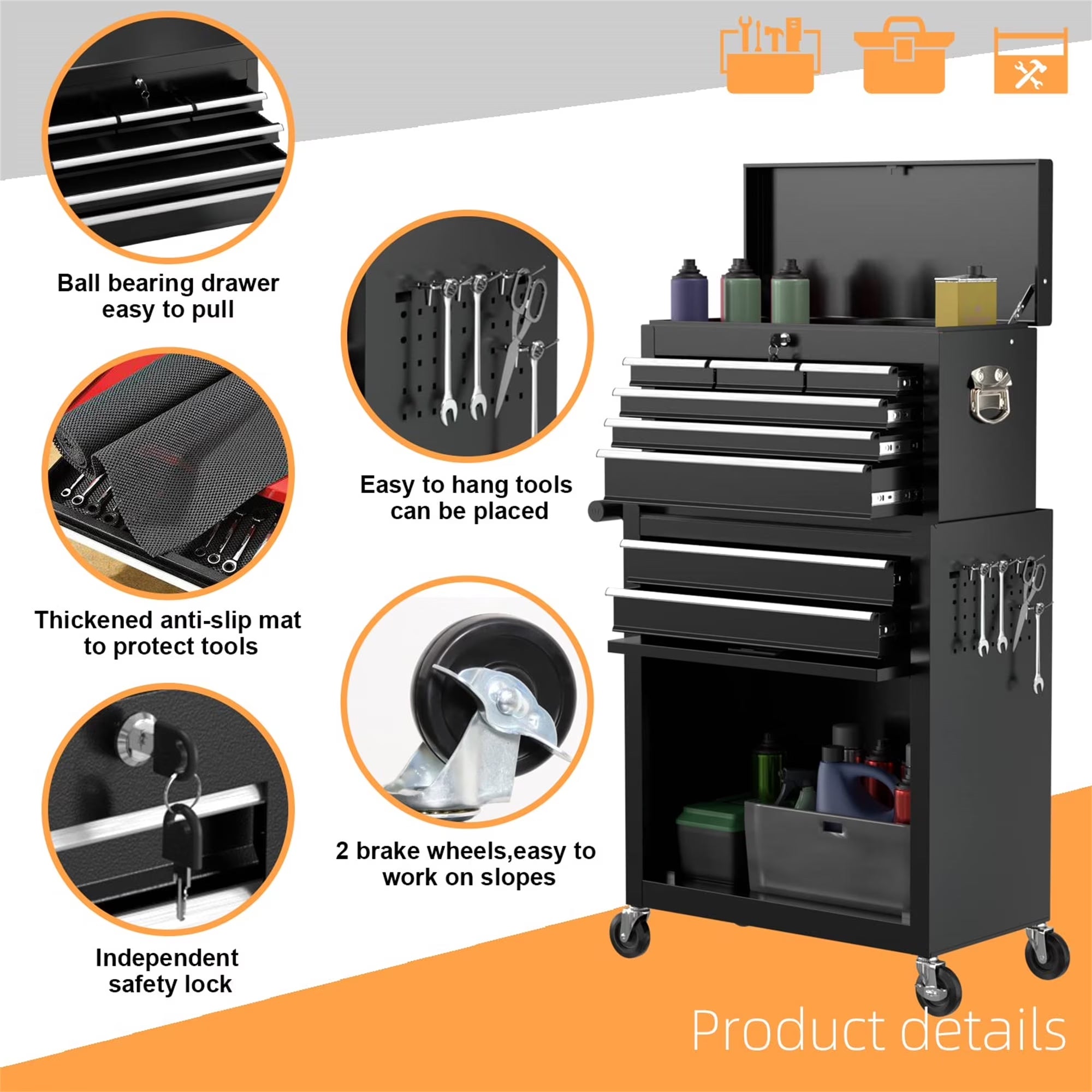 Tool Box, 2 in 1 Steel Rolling Tool Chest & Cabinet on Wheels for Garage, 8-Drawer, Black