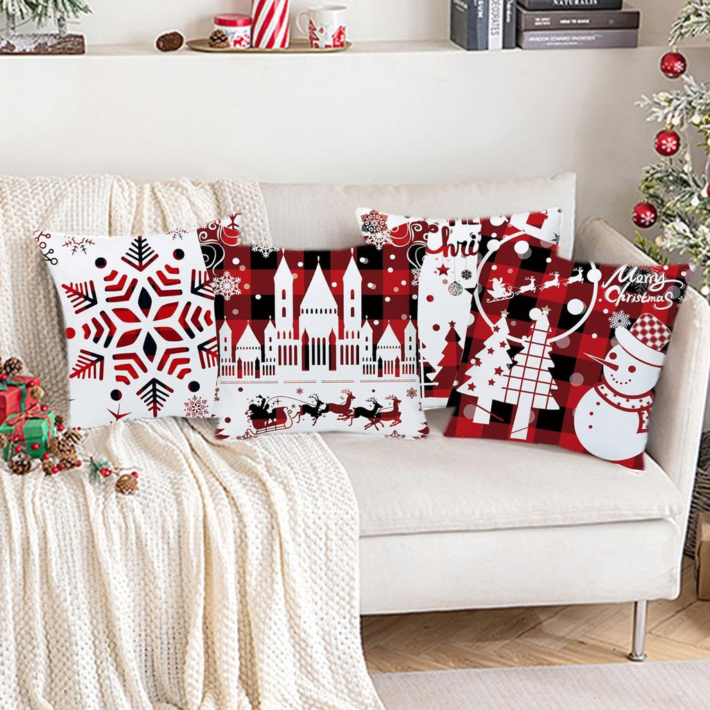 Set of 4 Happy Winter Snowflake Merry Christmas Tree Red Castle Deer with Snowman Velvet Throw Pillow Case Cushion Cover Decorative for Sofa Living Room Square 22X22 Inches