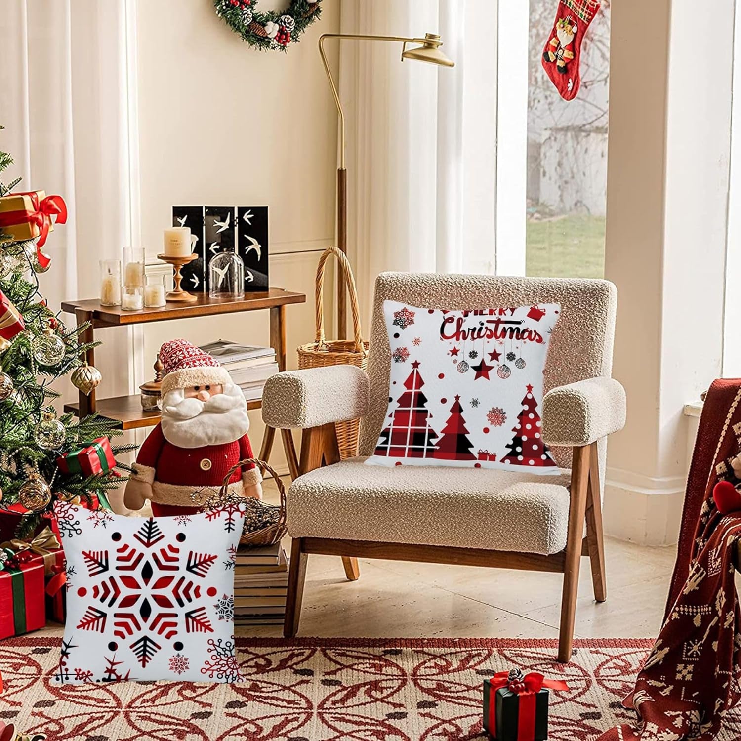 Set of 4 Happy Winter Snowflake Merry Christmas Tree Red Castle Deer with Snowman Velvet Throw Pillow Case Cushion Cover Decorative for Sofa Living Room Square 22X22 Inches