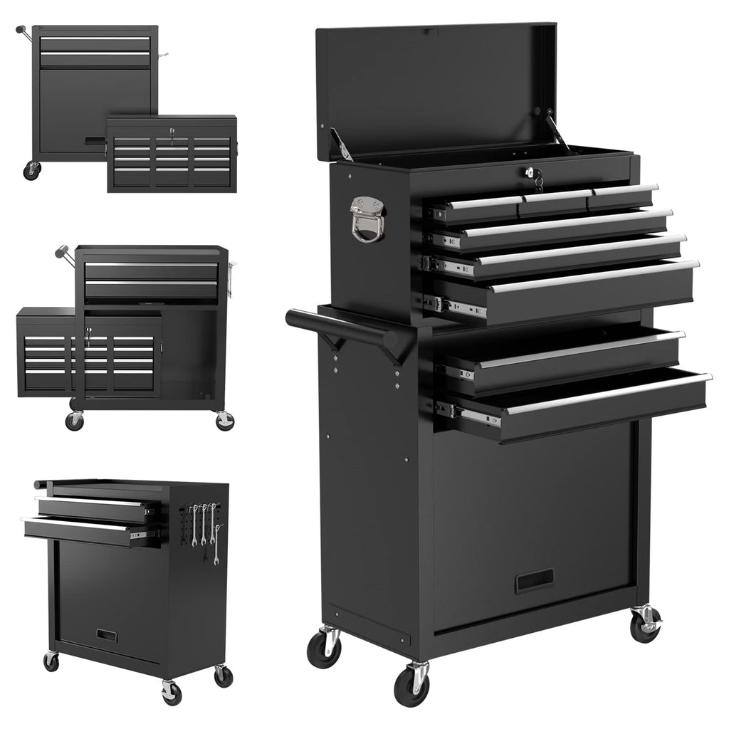 Tool Box, 2 in 1 Steel Rolling Tool Chest & Cabinet on Wheels for Garage, 8-Drawer, Black
