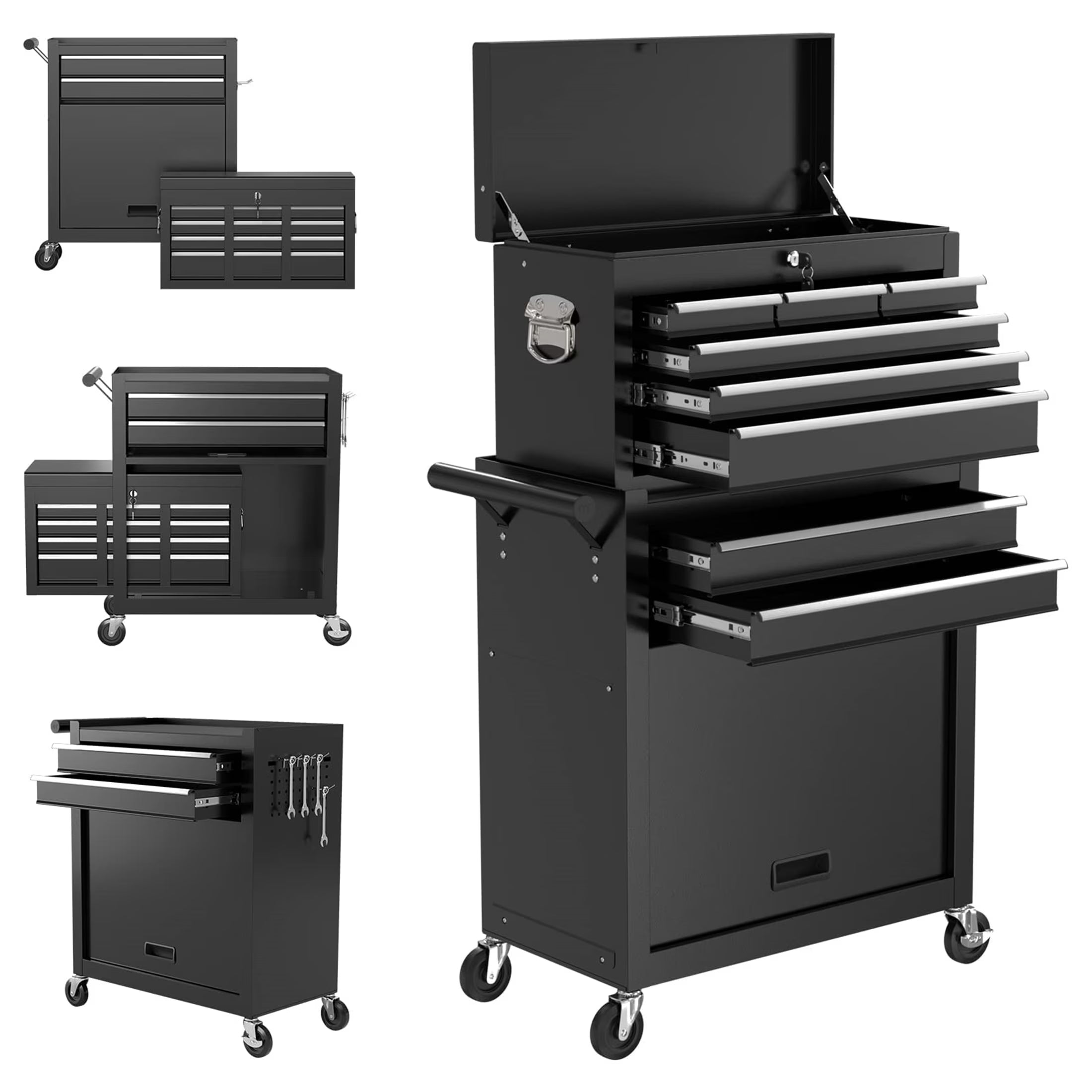 Tool Box, 2 in 1 Steel Rolling Tool Chest & Cabinet on Wheels for Garage, 8-Drawer, Black