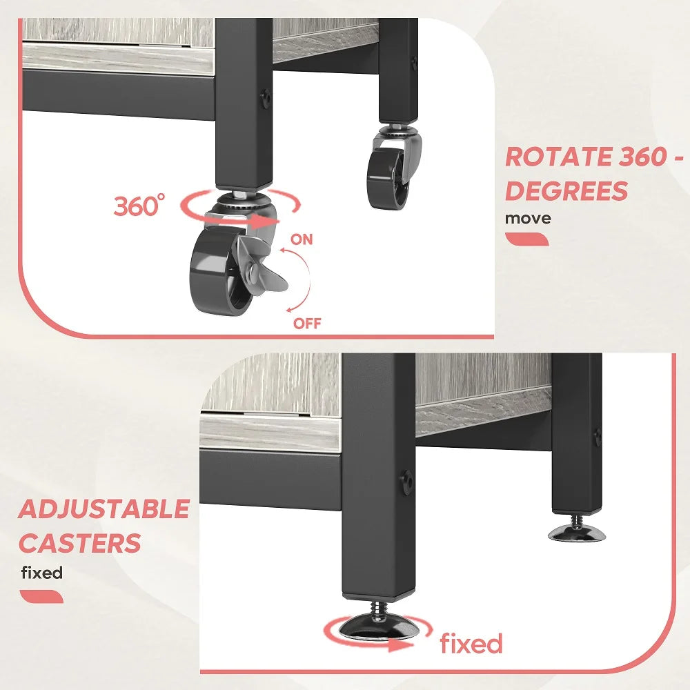 3-Tier Baker'S Rack with Cabinet, Kitchen Storage Shelves, Microwave Oven Stand, Coffee Bar with Hooks in Grey