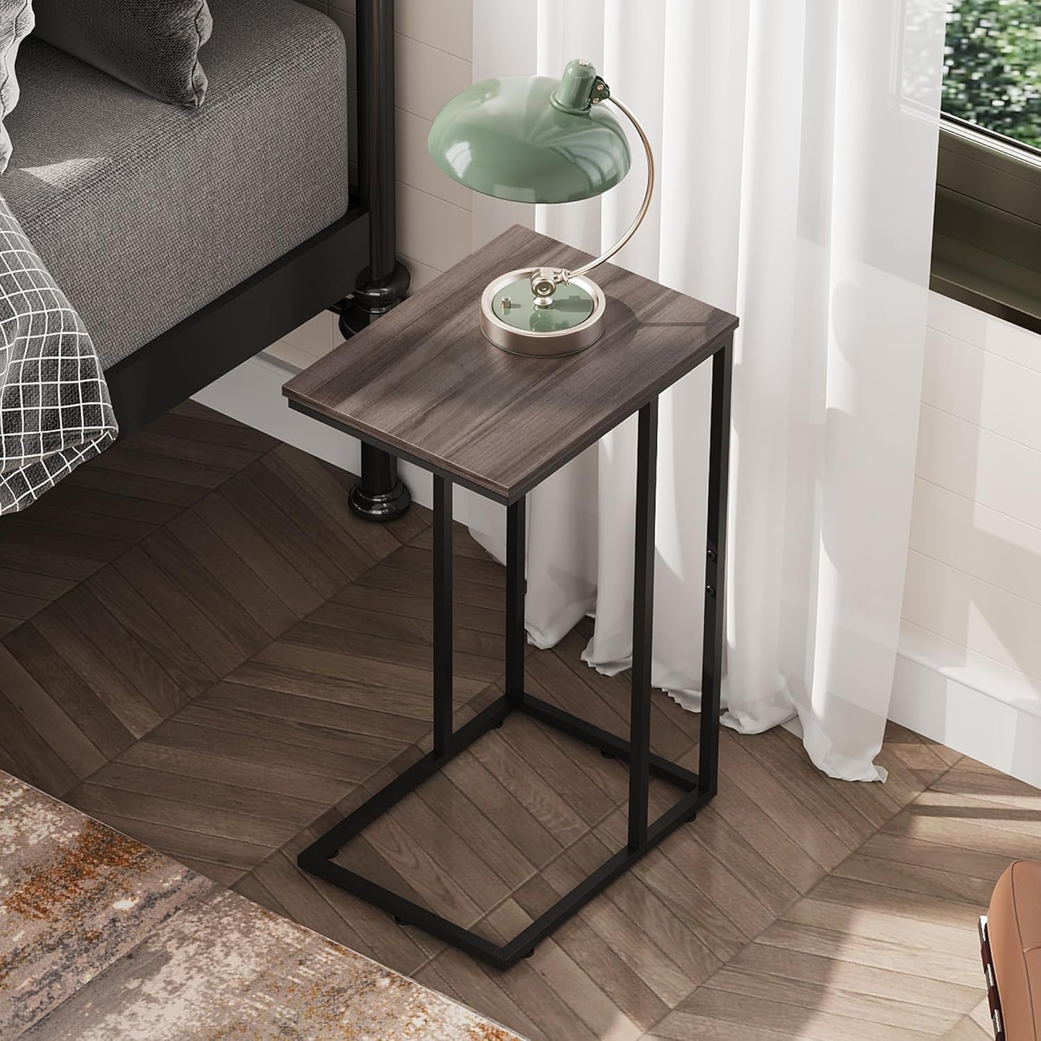 Small Side Table, C Shaped End Table for Couch, Sofa and Bed, Tv Tray Table That Slides under for Living Room, Bedroom, Bedside, Gray and Black