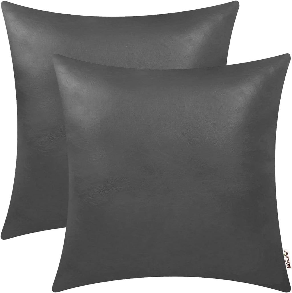 Faux Leather Throw Pillow Covers 22 X 22 Inches - Charcoal Gray Leather Pilow Covers Pack of 2, Solid Dyed Leather Pillowcases for Couch Bed Sofa Garden Home Decorative