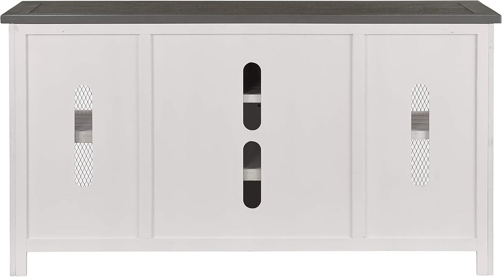 Martin Svensson Home 65" Solid Pine Wood Entertainment Center with Storage. Rustic TV Stand for Tvs up to 70." Sliding Doors, Adjustable Shelves & Cable Management – White and Grey Finish