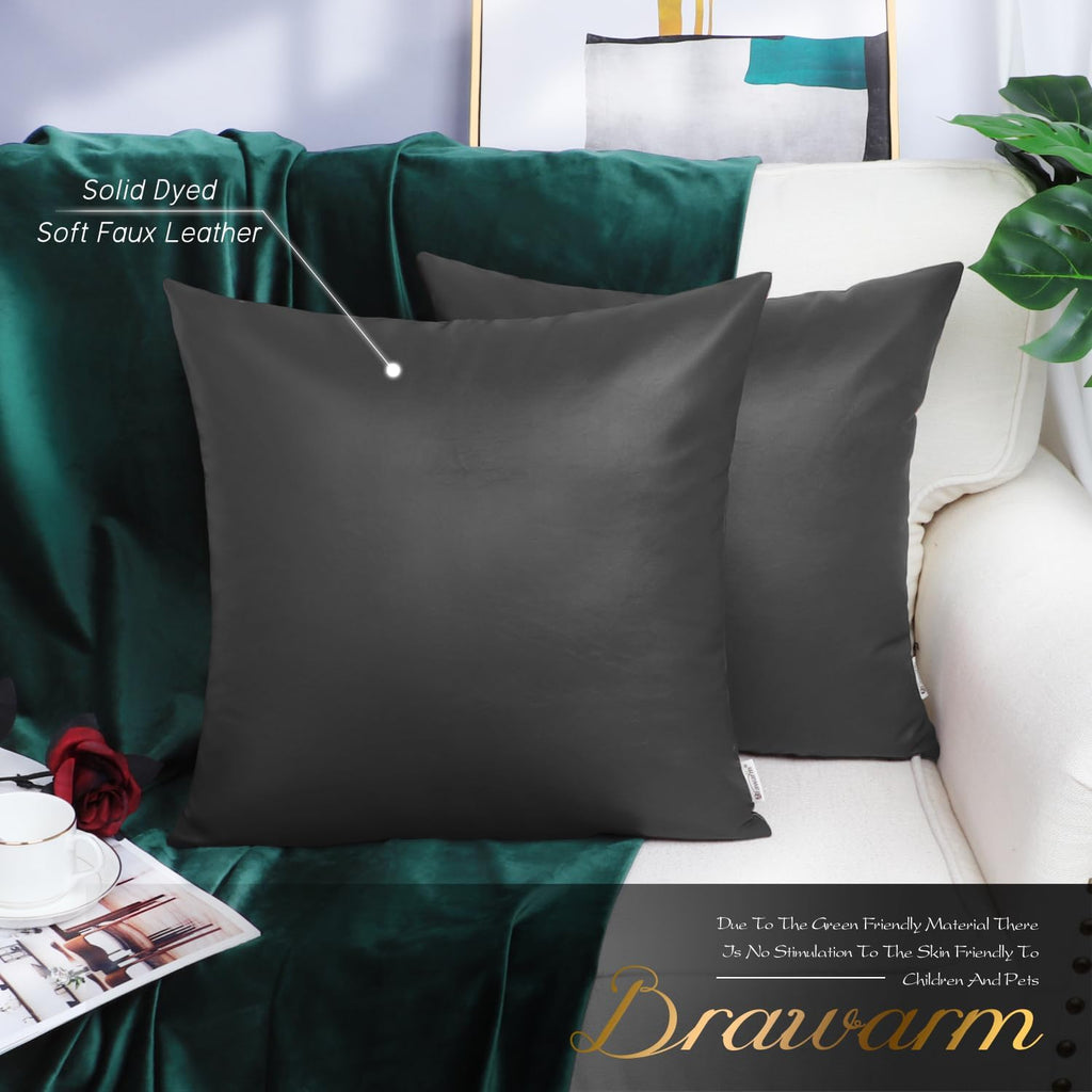 Faux Leather Throw Pillow Covers 22 X 22 Inches - Charcoal Gray Leather Pilow Covers Pack of 2, Solid Dyed Leather Pillowcases for Couch Bed Sofa Garden Home Decorative
