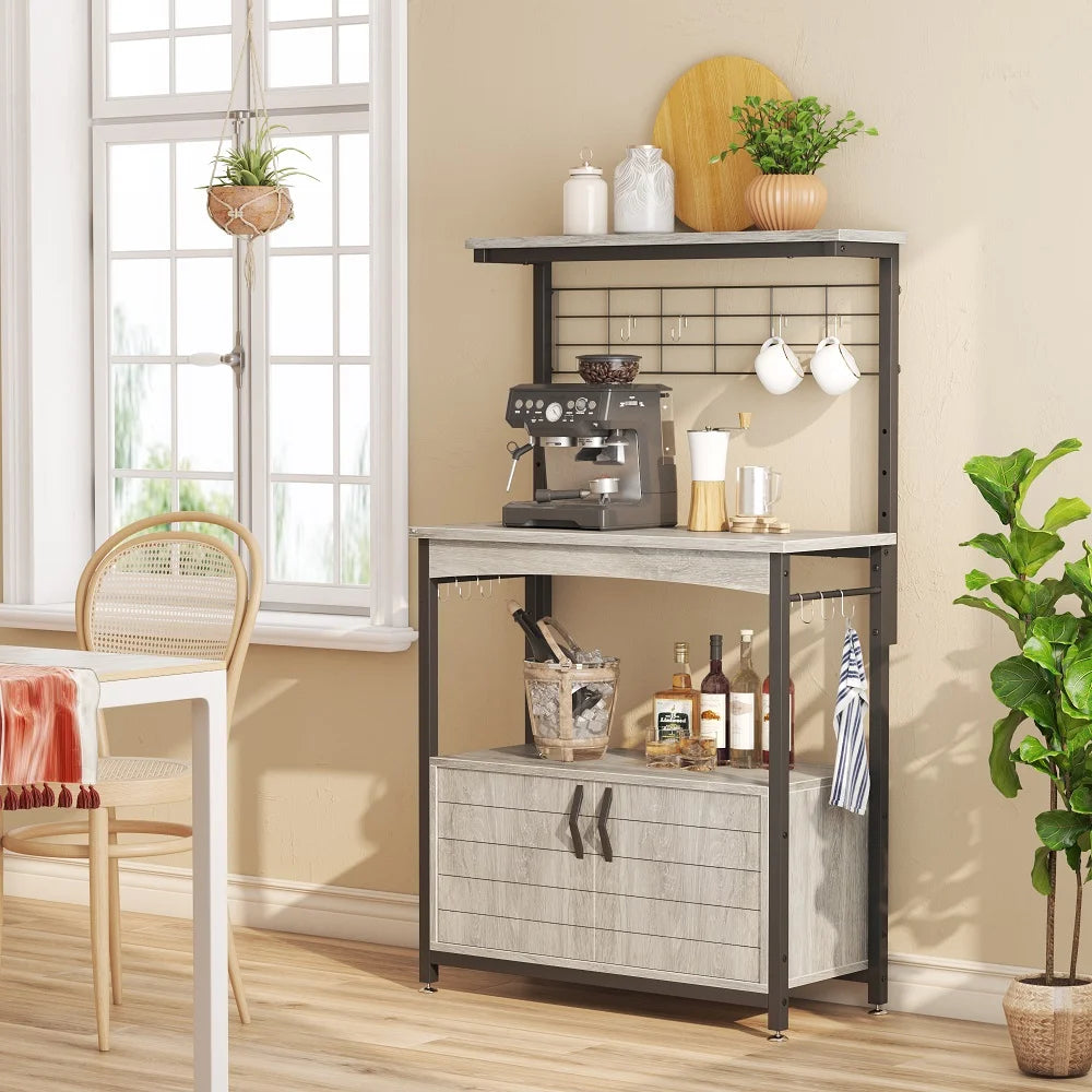 3-Tier Baker'S Rack with Cabinet, Kitchen Storage Shelves, Microwave Oven Stand, Coffee Bar with Hooks in Grey