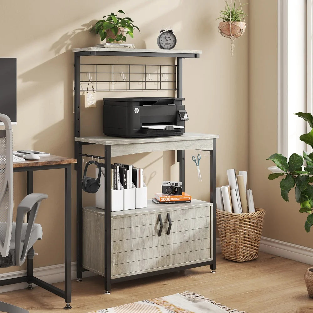 3-Tier Baker'S Rack with Cabinet, Kitchen Storage Shelves, Microwave Oven Stand, Coffee Bar with Hooks in Grey
