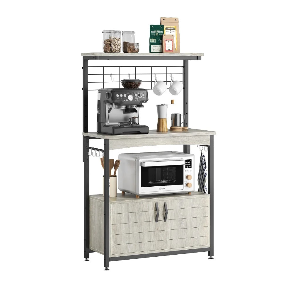 3-Tier Baker'S Rack with Cabinet, Kitchen Storage Shelves, Microwave Oven Stand, Coffee Bar with Hooks in Grey