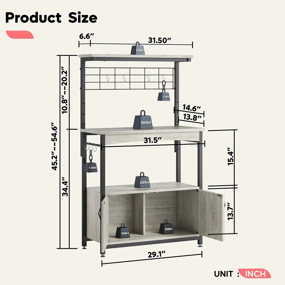 3-Tier Baker'S Rack with Cabinet, Kitchen Storage Shelves, Microwave Oven Stand, Coffee Bar with Hooks in Grey