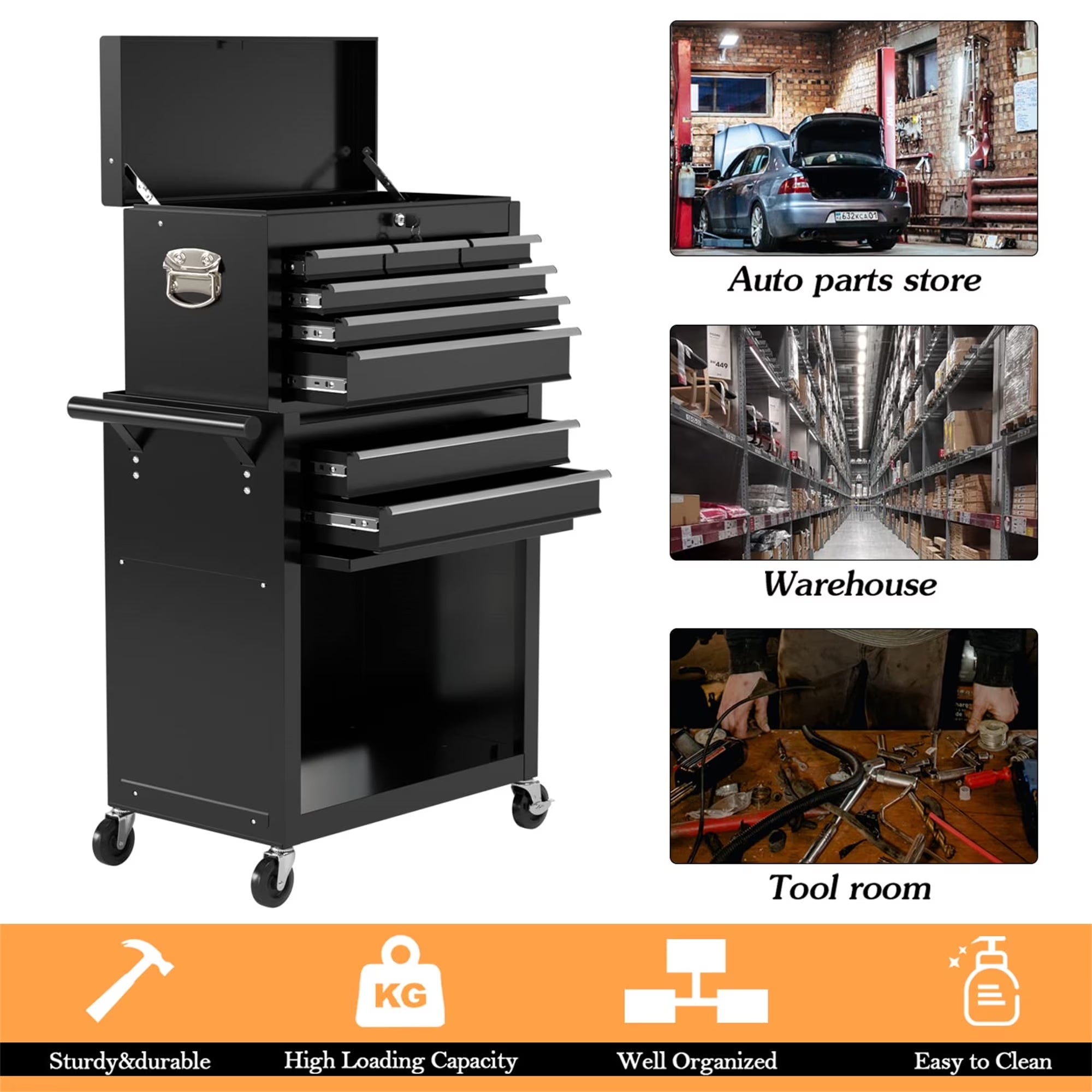 Tool Box, 2 in 1 Steel Rolling Tool Chest & Cabinet on Wheels for Garage, 8-Drawer, Black