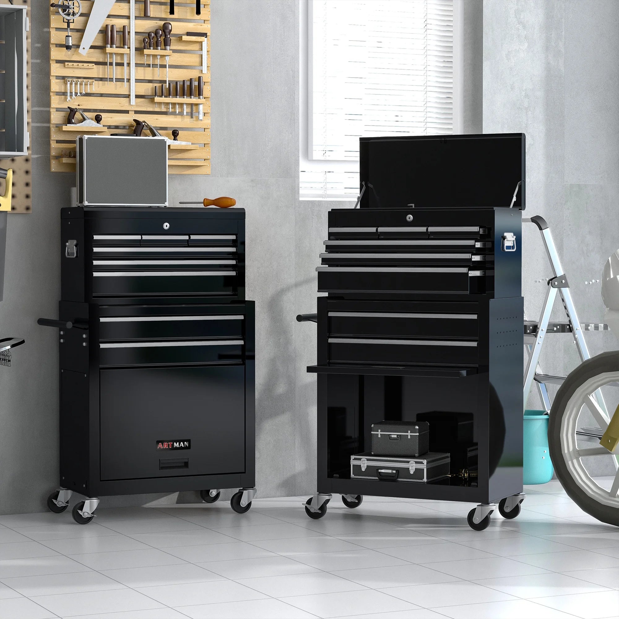 Tool Box, 2 in 1 Steel Rolling Tool Chest & Cabinet on Wheels for Garage, 8-Drawer, Black