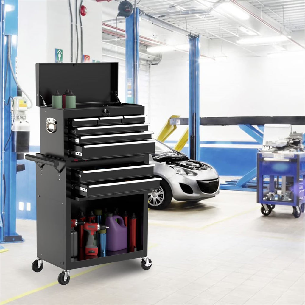 Tool Box, 2 in 1 Steel Rolling Tool Chest & Cabinet on Wheels for Garage, 8-Drawer, Black