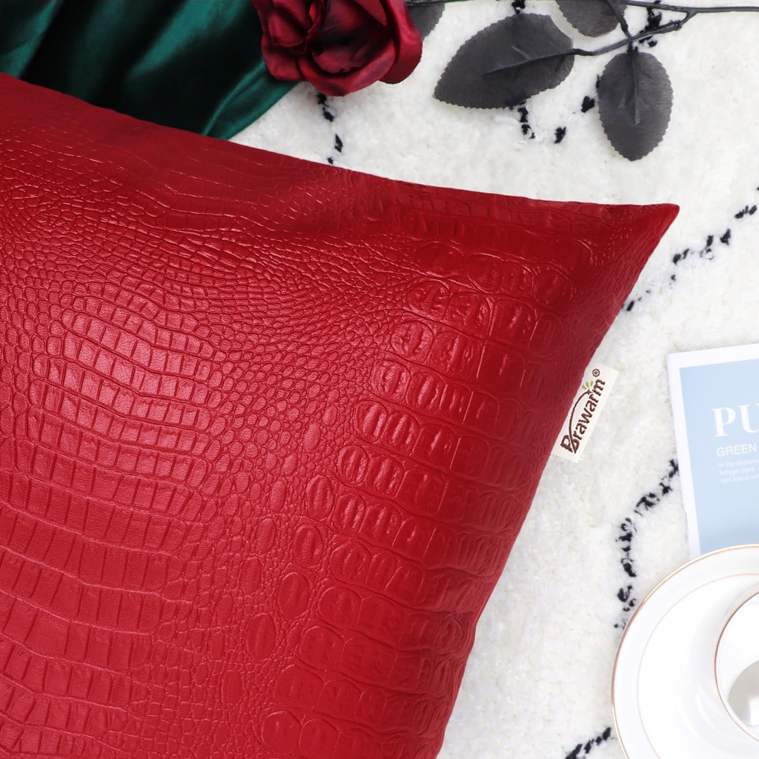 Faux Leather Pillow Covers 16 X 16 Inches, Christmas Red Leather Pillow Covers Pack of 2, Crocodile Leather Decorative Throw Pillows for Living Room Couch Bed Sofa Home