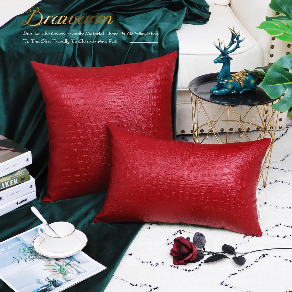 Faux Leather Pillow Covers 16 X 16 Inches, Christmas Red Leather Pillow Covers Pack of 2, Crocodile Leather Decorative Throw Pillows for Living Room Couch Bed Sofa Home