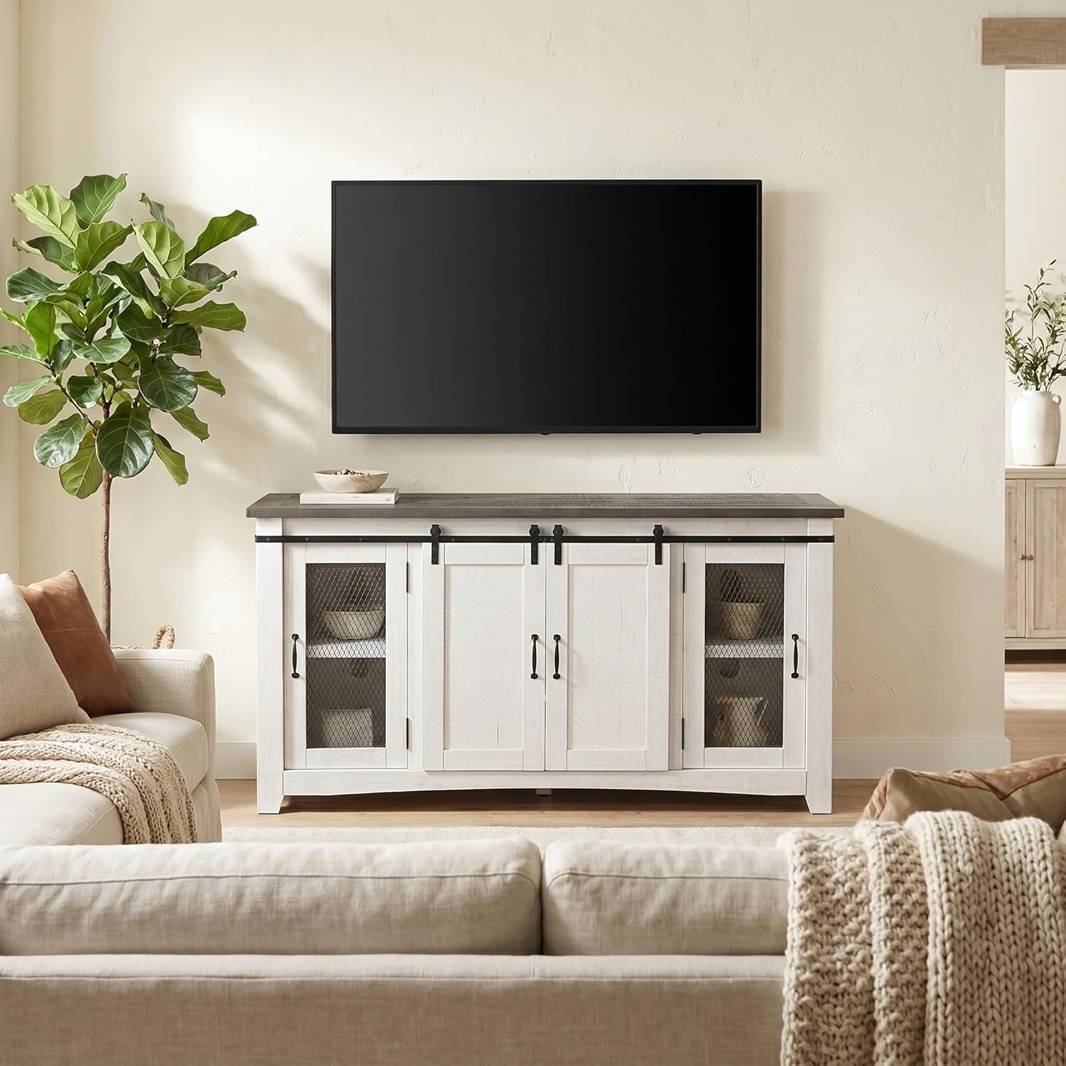Martin Svensson Home 65" Solid Pine Wood Entertainment Center with Storage. Rustic TV Stand for Tvs up to 70." Sliding Doors, Adjustable Shelves & Cable Management – White and Grey Finish