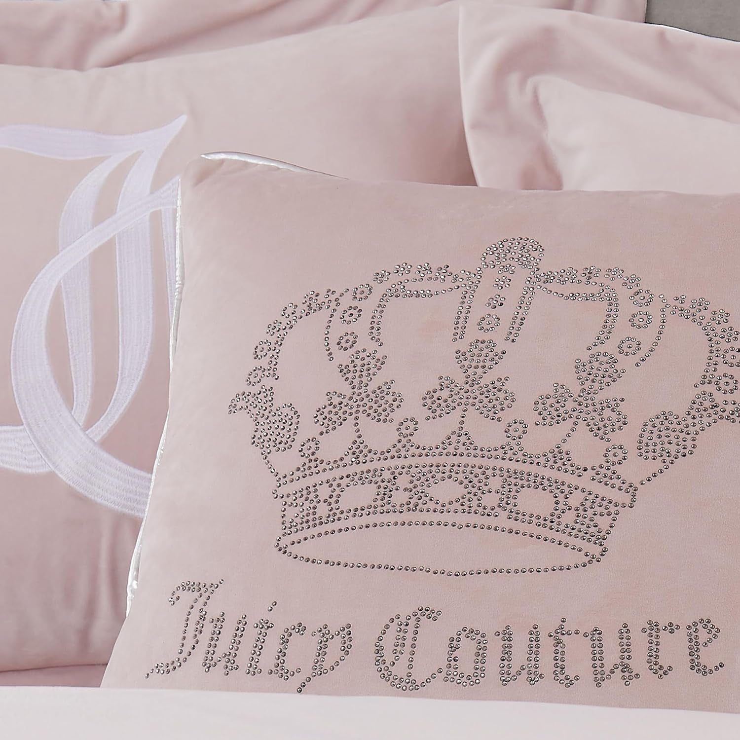 Juicy Couture - Decorative Accent Pillow, Velvet Rhinestone Crown, Premium Reversible Throw Pillow, Living Room and Bedroom Décor, Measures 20" X 20", Pink Blush